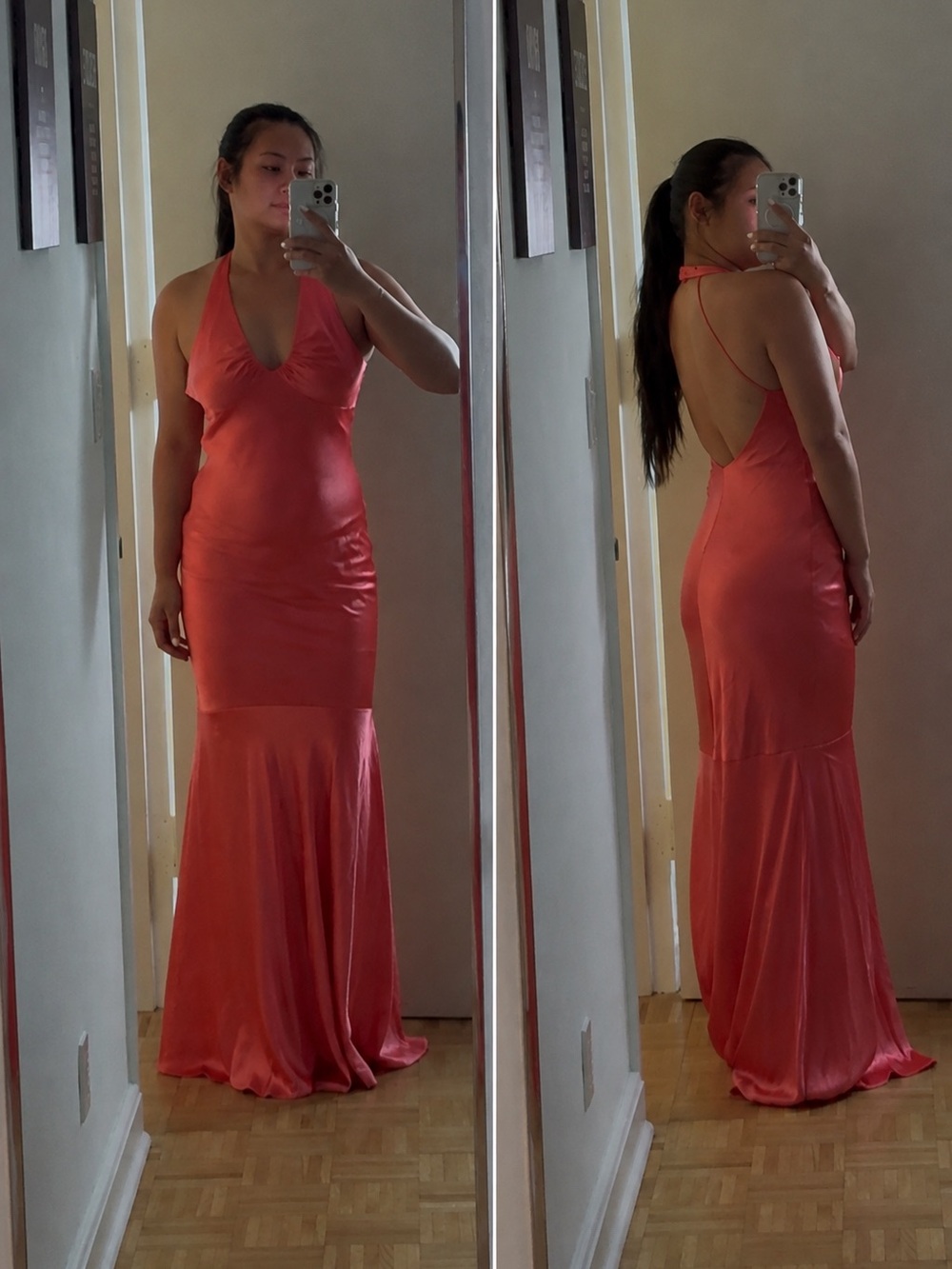 Issue New York Coral Halter Backless Satin Mermaid Dress